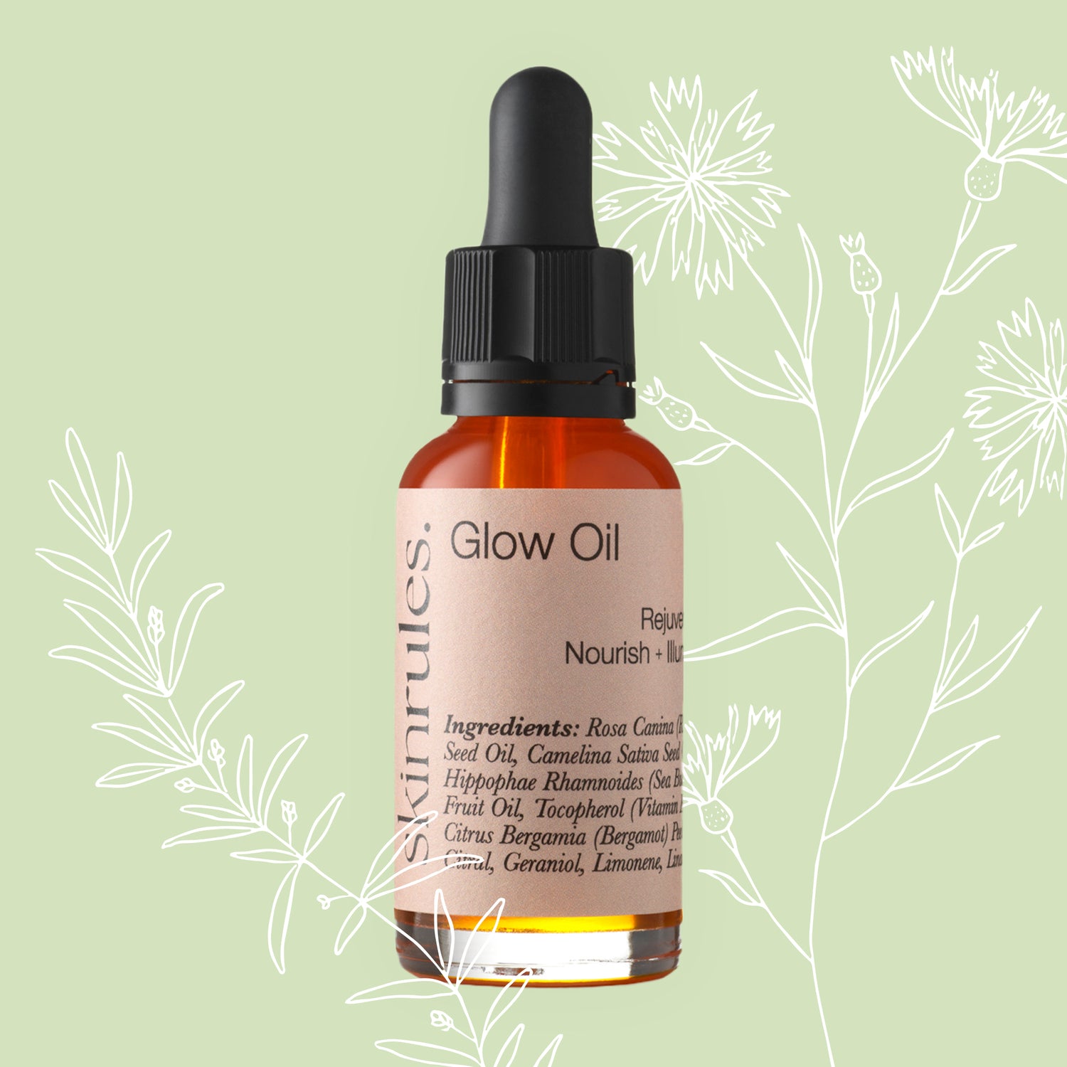 Sustainable Glow Oil in glass bottle with illustrated background