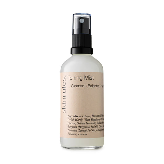 Refreshing Toning Mist, opaque liquid, in 100ml clear glass bottle with atomiser.