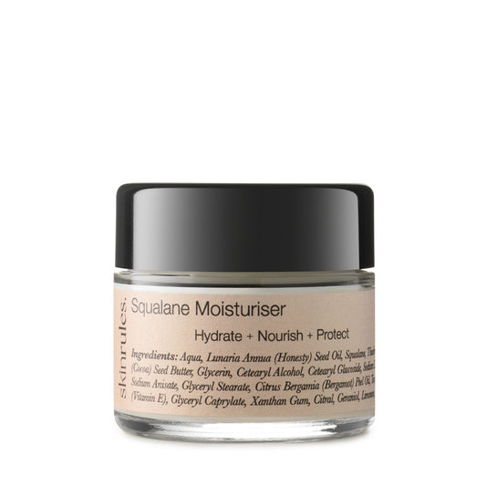 Sustainable Squalane Moisturiser, white colour cream, in 50ml clear glass jar with black lid.